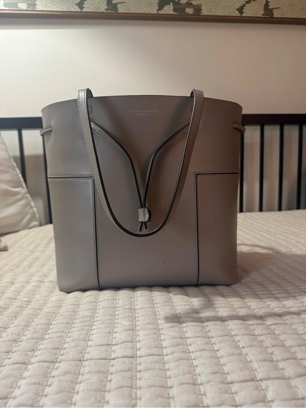 Tory Burch Taupe Leather Tote with Drawcord Detail